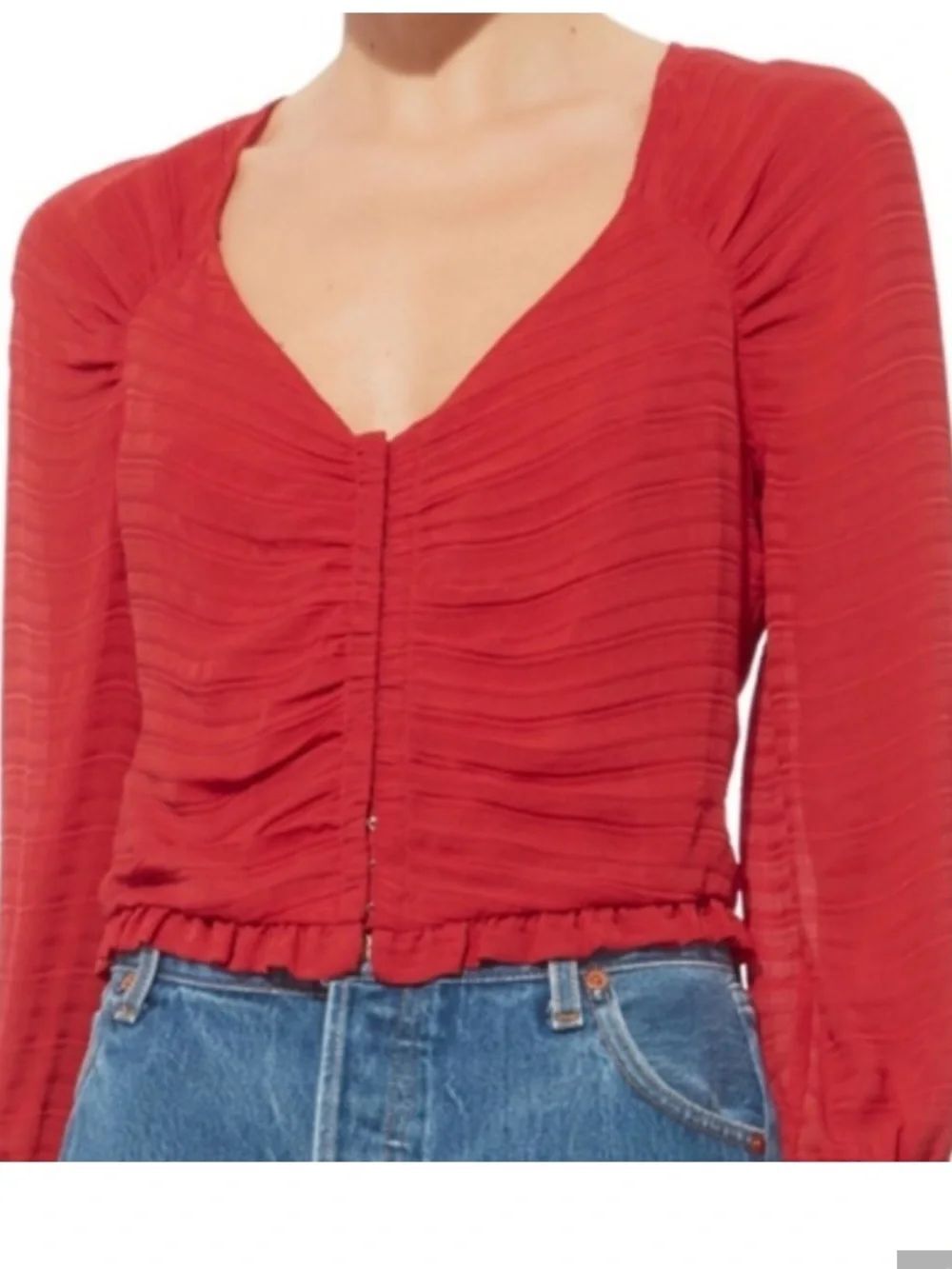 INTERMIX Red Ruched silk V-Neck Long Sleeve Blouse petite